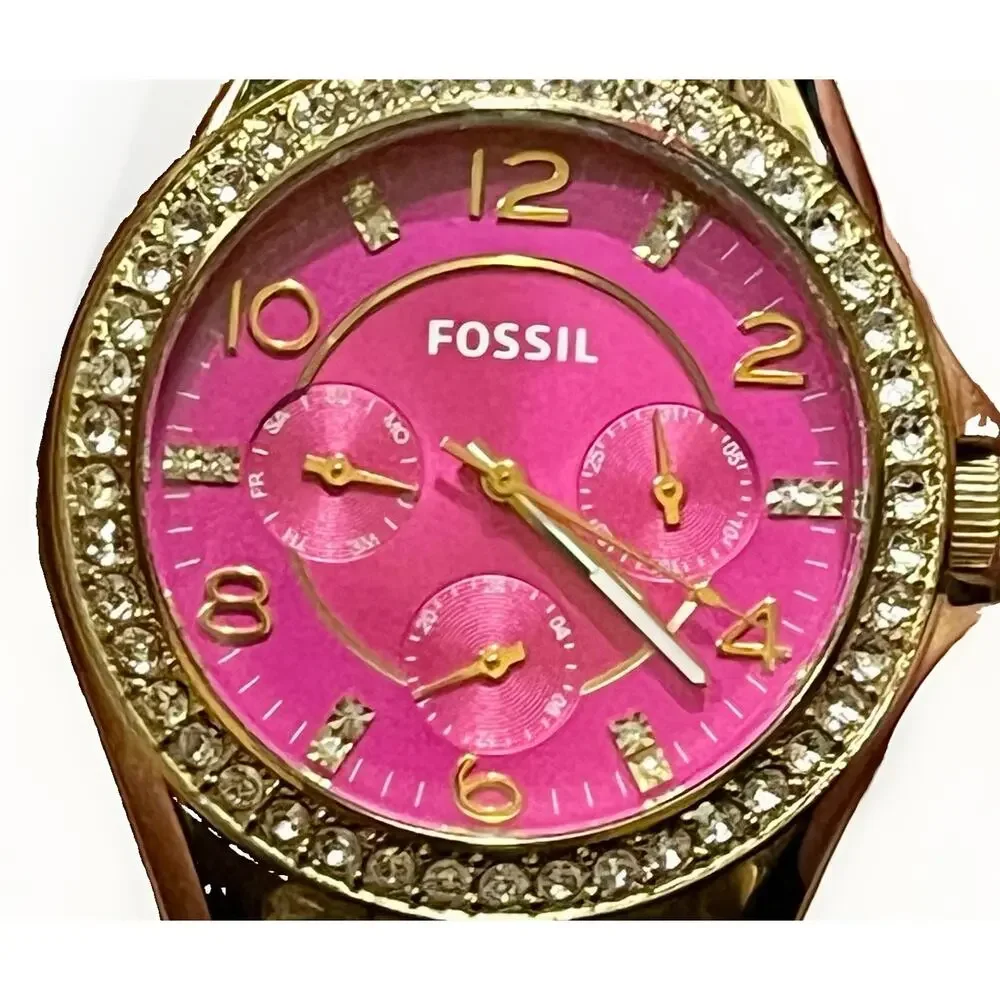 FOSSIL Women’s Gold Tone Crystal Bezel Pink Dial Watch ES3071